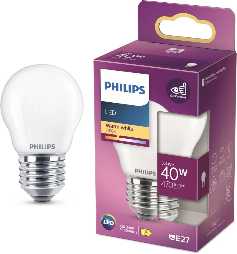 lamp - Kogellamp met E27 fitting - Warmwit licht: 2700K - 40W - Mat glas van Philips – productfoto