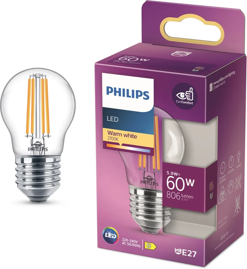 lamp - Kogellamp met E27 fitting - Warmwit licht: 2700K - 60W - Helder glas de Philips – photo produit