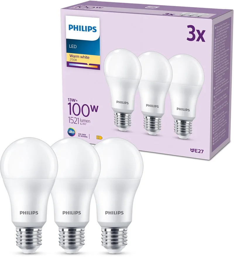 Philips 8719514451391 LED CEE E (A - G) E27 13 W = 100 W blanc chaud 3 pc(s) de Philips – photo produit