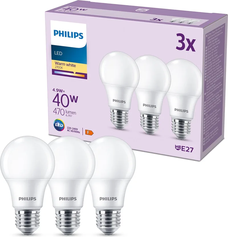 Philips 8719514459458 LED CEE F (A - G) E27 4.9 W = 40 W blanc chaud 3 pc(s) de Philips – photo produit