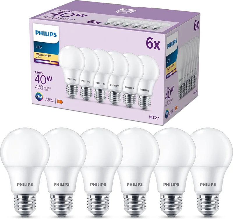 Ampoule mate, 40 W, E27, lumière blanc chaud, 6 pièces de Philips – photo produit