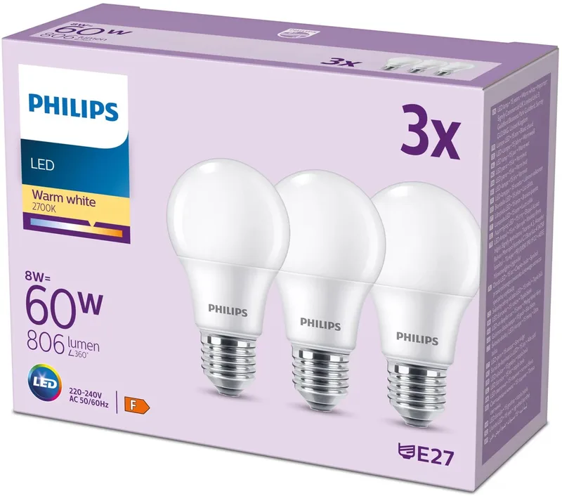Mat pære, 60 W, E27, varmt hvidt lys, 3 stk. fra Philips – produktbillede