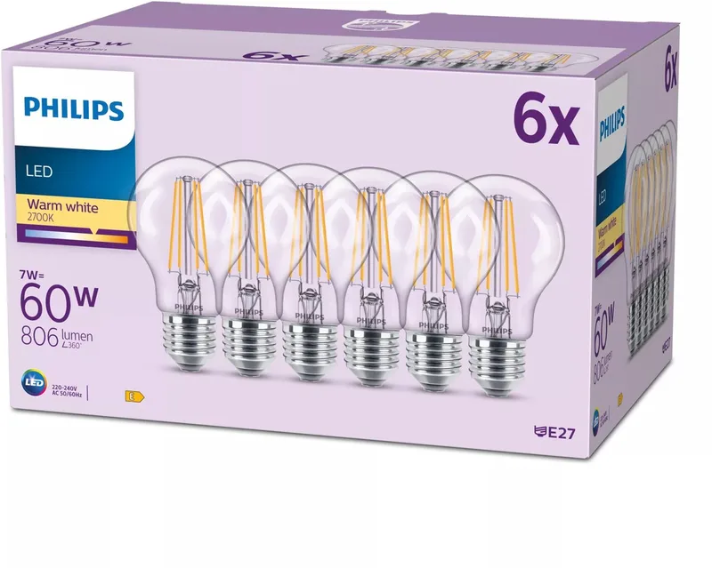 Mat pære, 60 W, E27, varmt hvidt lys, 6 stk. fra Philips – produktbillede
