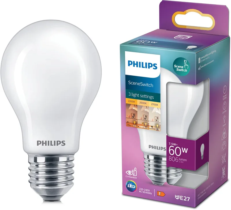 LED 26396300 LED CEE F (A - G) E27 8 W = 60 W (Ø x L) 6 cm x 10.4 cm 1 pc(s) de Philips – photo produit