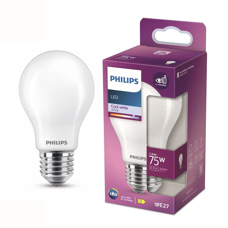 lamp - Standaard lampvorm met E27 fitting - Koelwit licht: 4000K - 75W - Mat glas de Philips – photo produit