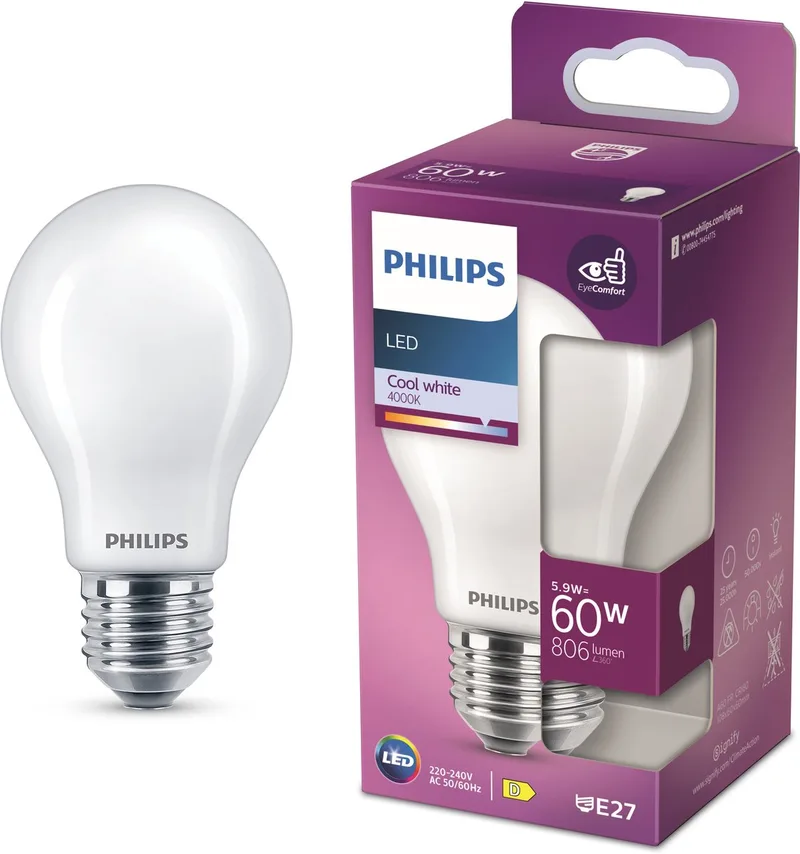 lamp - Standaard lampvorm met E27 fitting - Koelwit licht: 4000K - 60W - Mat glas de Philips – photo produit