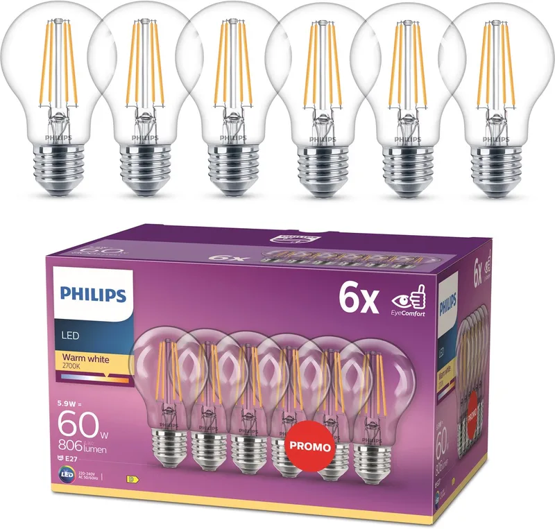 lamp - Standaard lampvorm met E27 fitting - Warmwit licht: 2700K - 60W - Helder glas - 6-pack by Philips – product photo
