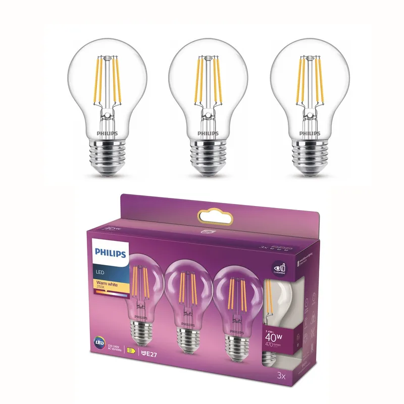 LED-pære Classic E27 4,3W 2.700K klar 3stk fra Philips – produktbillede