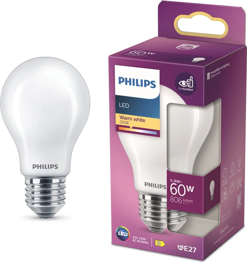 lamp - Standaard lampvorm met E27 fitting - Warmwit licht: 2700K - 60W - Mat glas fra Philips – produktbillede