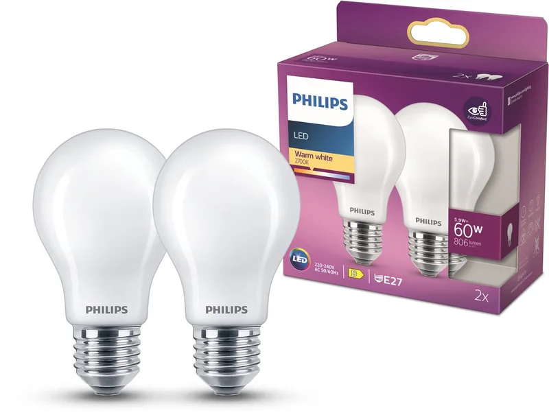 LED-lampa E27 7W 2 700 K opal 2-pack från Philips – produktbild