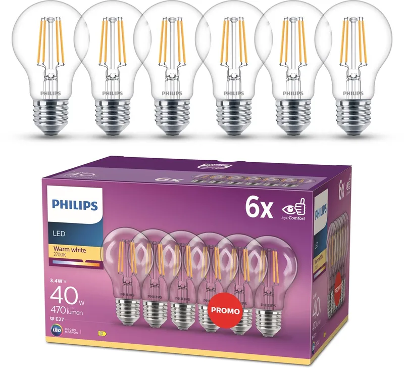 lamp - Standaard lampvorm met E27 fitting - Warmwit licht: 2700K - 40W - Helder glas - 6-pack van Philips – productfoto
