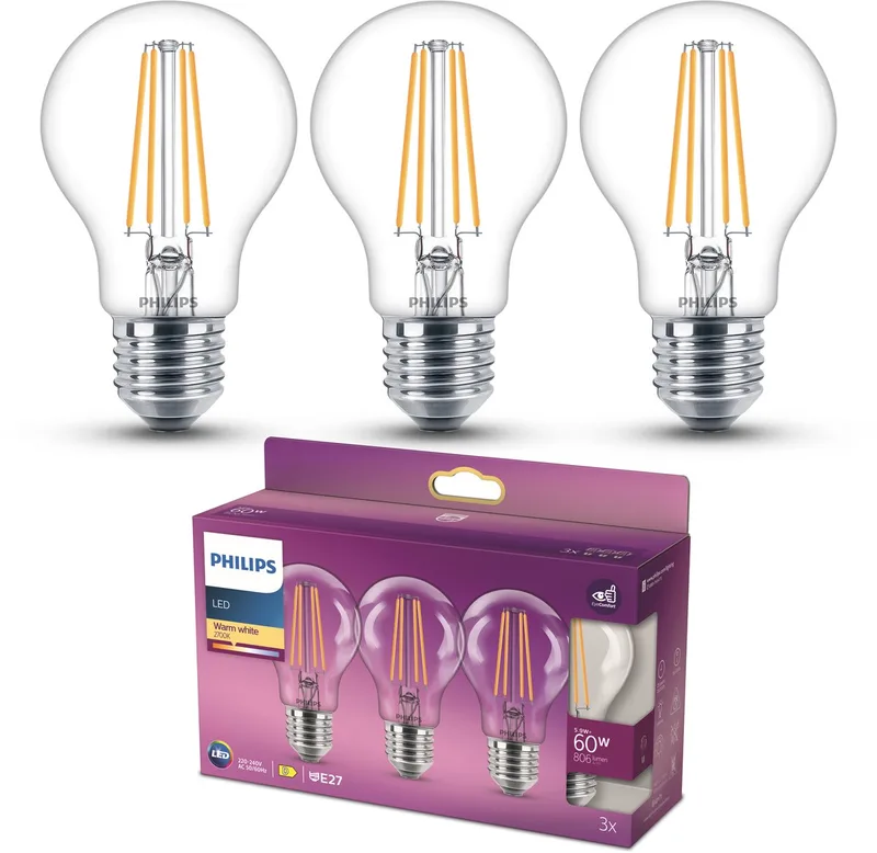 LED-pære Classic E27 A60 7W 827 klar 3stk. fra Philips – produktbillede