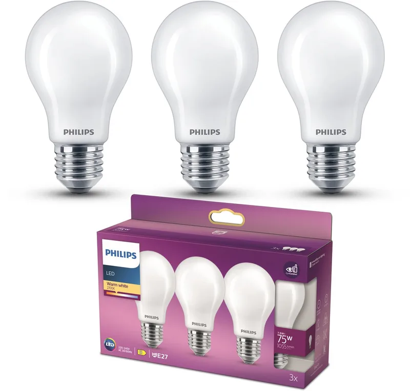 lamp - Standaard lampvorm met E27 fitting - Warmwit licht: 2700K - 75W - Mat glas - 3-pack fra Philips – produktbillede