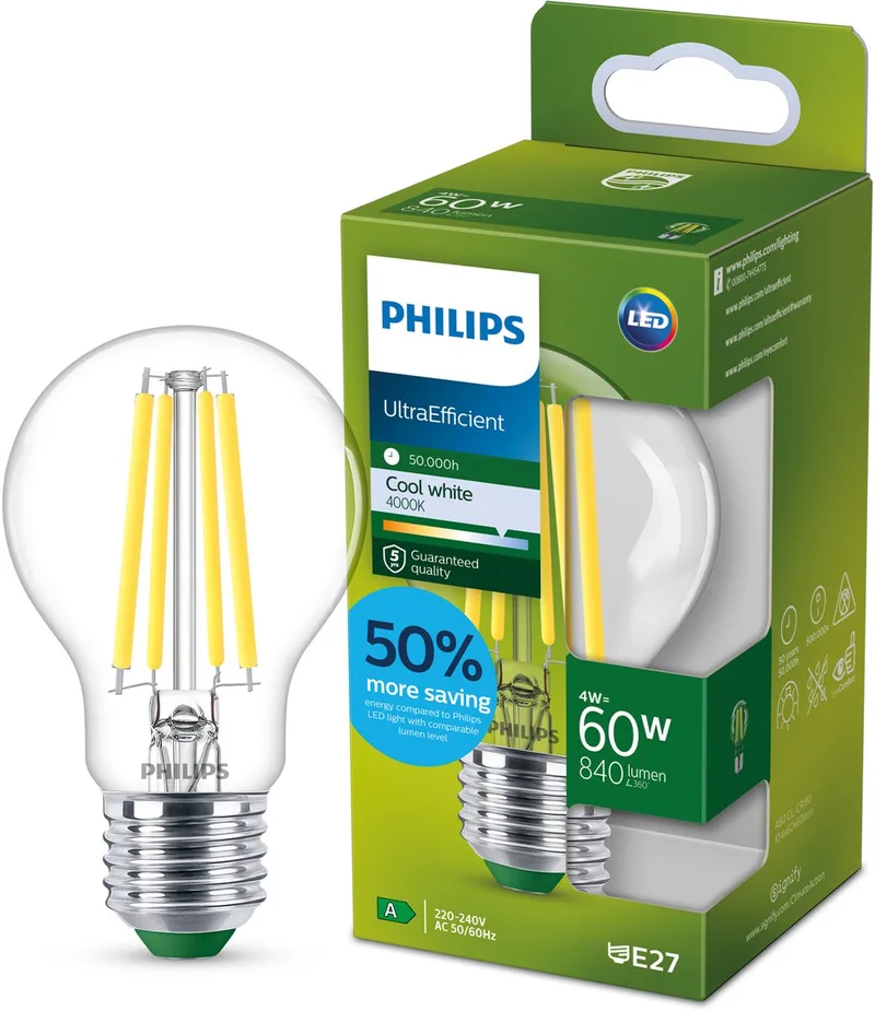 lamp Transparant - 60 W - E27 - koelwit licht de Philips – photo produit