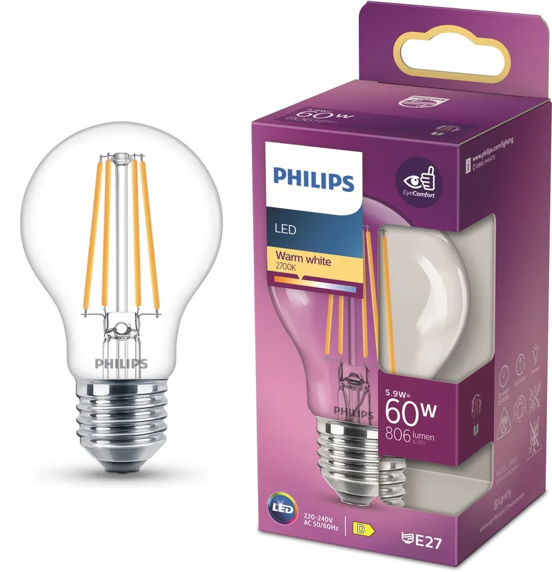 Ampoule transparente, 60 W, E27, lumière blanc chaud de Philips – photo produit