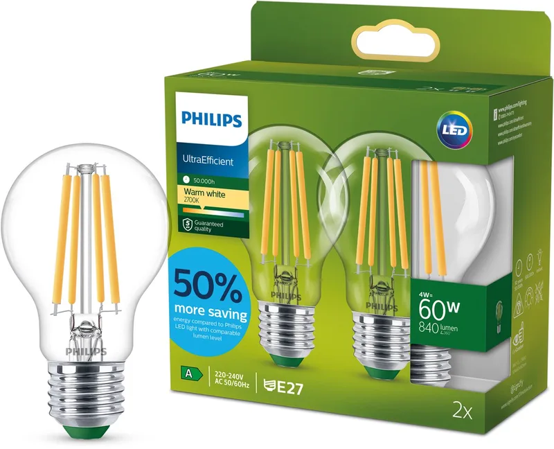 lamp Transparant - 60 W - E27 - Warmwit licht - 2-pack - Bespaar op energiekosten de Philips – photo produit