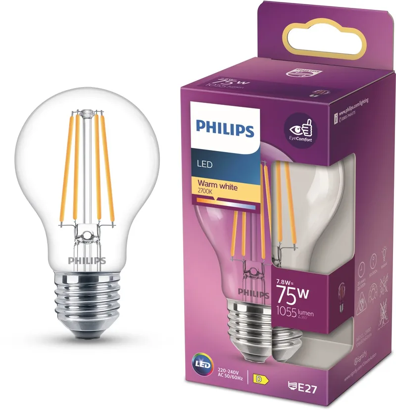 Ampoule transparente, 75 W, E27, lumière blanc chaud de Philips – photo produit