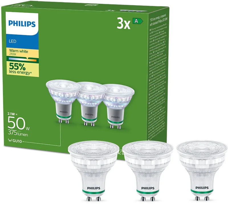 LED-Leuchtmittel UltraEfficient 50W, GU10, 3 St., Warmweiß, 2700 K, 3er Set, warmweiß, 375 Lumen, EyeComfort von Philips in Weiß – Produktfoto