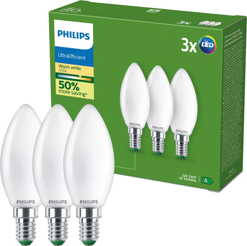 LED-Leuchtmittel Ultraeffiziente E14 Lampe, 3er-Pack, 40W, Warmweiß, E14, 3 St., Warmweiß, EyeComfort, Lange Lebensdauer, Klassisches Design, Matt by Philips in White – product photo