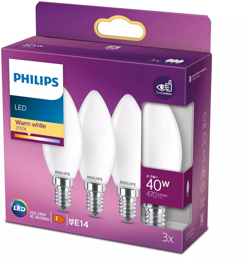 LED-kronljuslampa E14 B35 4,3 W matt från Philips – produktbild