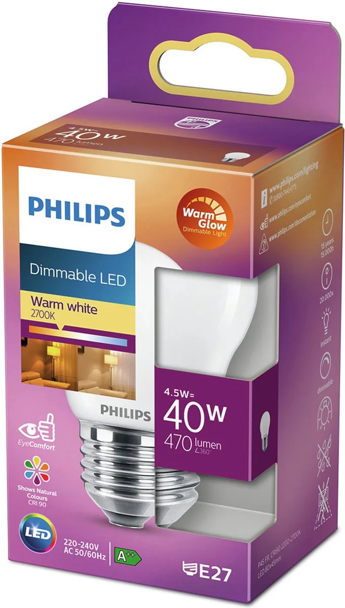 Lighting 77080800 LED-lamp Energielabel D (A - G) E27 4.5 W = 40 W Warmwit (Ø x l) 45 mm x 45 mm 1 stuk(s) de Philips – photo produit
