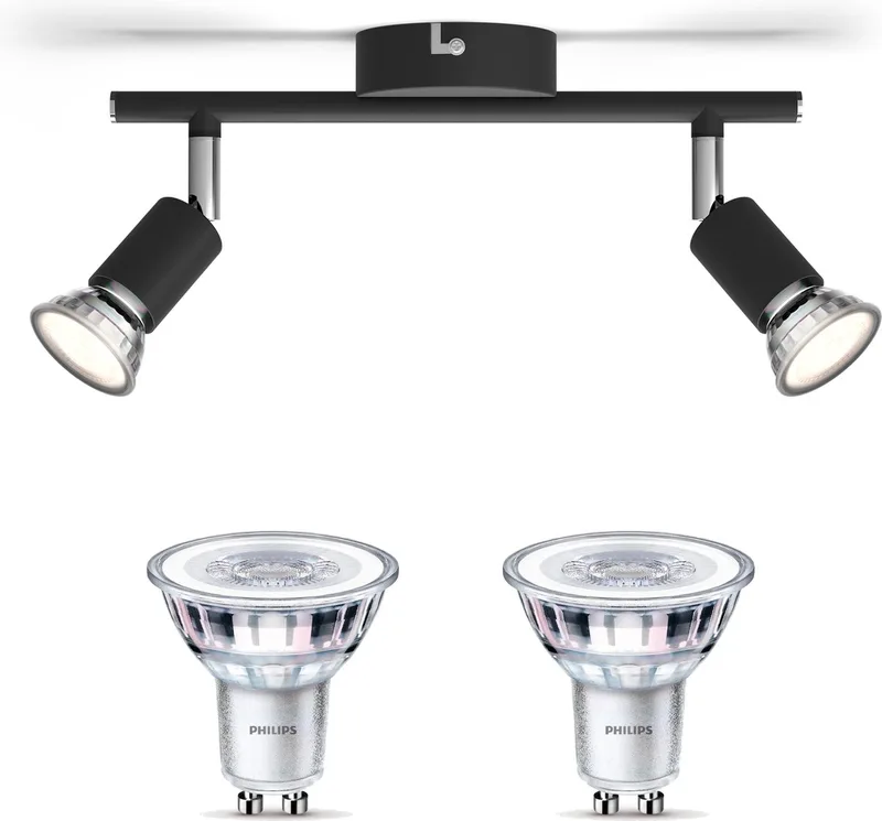 Limbali Opbouwspot - Warmwit Licht - Plafondspot met 2 Lichtpunten - GU10 - Niet Dimbaar de Philips en Noir – photo produit