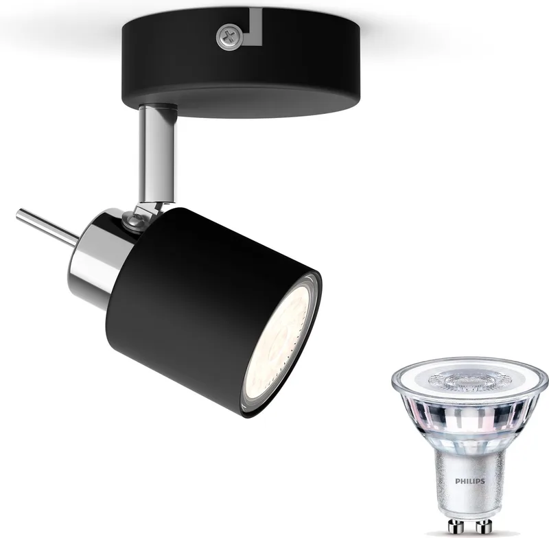 Meranti Opbouwspot - Warmwit Licht - Wandspot of Plafondspot met 1 Lichtpunt - GU10 - SceneSwitch - Eenvoudig Dimbaar met Je Klassieke Schakelaar van Philips in Zwart – productfoto