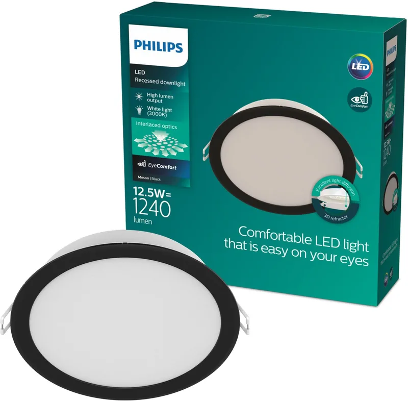 Meson Inbouwspot - Plafondverlichting - Diameter: 140mm - Helder wit licht: 3000K de Philips en Noir – photo produit