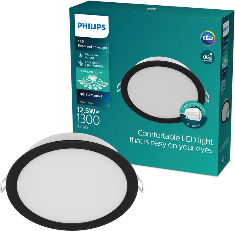 Meson Inbouwspot - Plafondverlichting - Diameter: 140mm - Koelwit licht: 4000K de Philips en Noir – photo produit