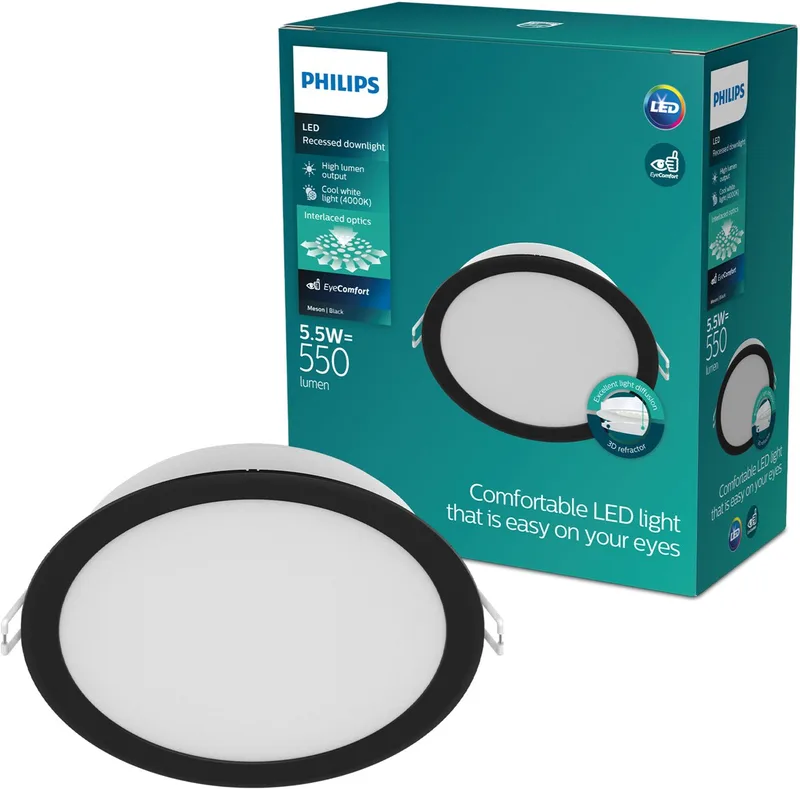Meson Inbouwspot - Plafondverlichting - Diameter: 90mm - Koelwit licht: 4000K by Philips in Black – product photo