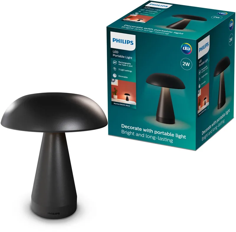 Mycena Tischleuchte, einstellbare Farbtemperatur, dimmbar, tragbar, wiederaufladbar über USB-C, 2W von Philips in Schwarz – Produktfoto