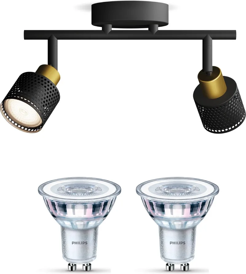 Niall Opbouwspot - Warmwit Licht - Plafondspot met 2 Lichtpunten - GU10 - SceneSwitch - Eenvoudig Dimbaar met Je Klassieke Schakelaar von Philips in Schwarz, Gold – Produktfoto