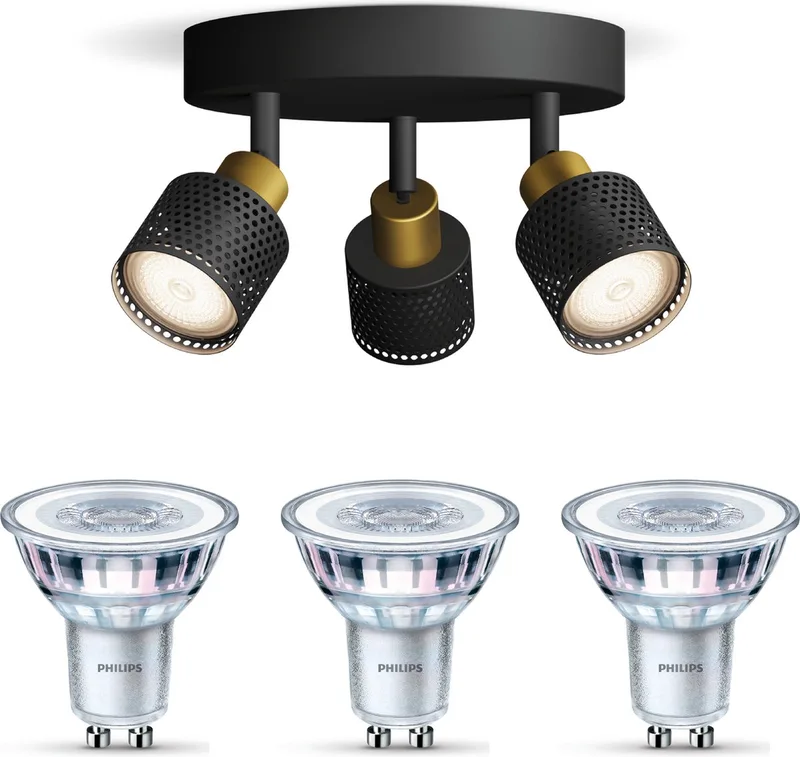 Niall Opbouwspot - Warmwit Licht - Plafondspot met 3 Lichtpunten - GU10 - SceneSwitch - Eenvoudig Dimbaar met Je Klassieke Schakelaar de Philips en Noir, Or – photo produit