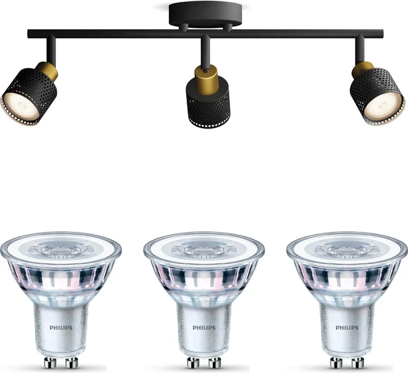 Niall Opbouwspot - Warmwit Licht - Plafondspot met 3 Lichtpunten - GU10 - SceneSwitch - Eenvoudig Dimbaar met Je Klassieke Schakelaar fra Philips i Sort, Guld – produktbillede