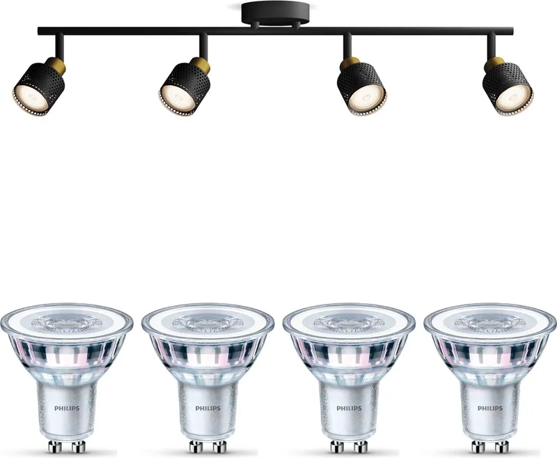 Niall Opbouwspot - Warmwit Licht - Plafondspot met 4 Lichtpunten - GU10 - SceneSwitch - Eenvoudig Dimbaar met Je Klassieke Schakelaar de Philips en Noir, Or – photo produit