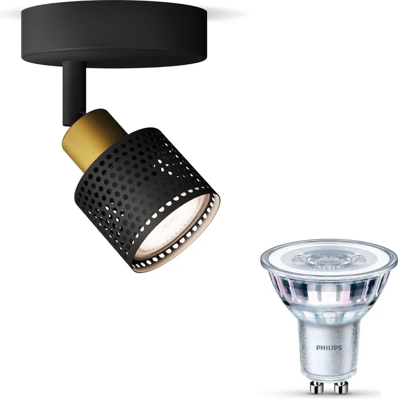 Niall Opbouwspot - Warmwit Licht - Wandspot of Plafondspot met 1 Lichtpunt - GU10 - Niet Dimbaar von Philips in Schwarz, Gold – Produktfoto
