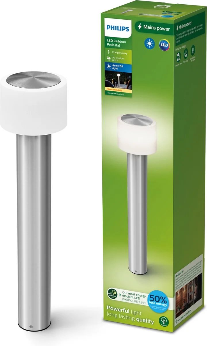 Otis Sokkellamp - UltraEfficient LED - Tuinpaal - 4.3W - Warmwit licht; 2700K - Roestvast - Opaal lichtelement fra Philips i Staal – produktbillede