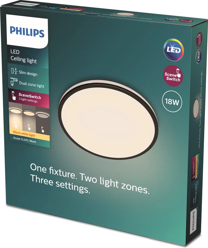 Ozziet plafondlamp - rond - 18W 27K de Philips en Noir – photo produit