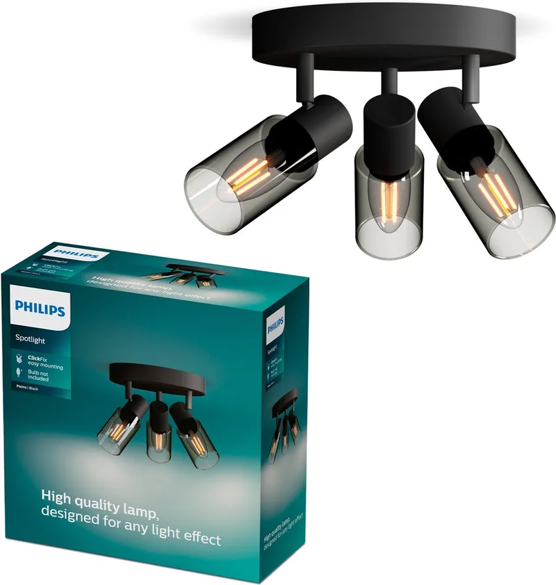 Palms Spot - Plafondspot met drie lichtpunten - Met gerookt glas - Kleine fitting E14 - Ronde basisplaat från Philips i Svart – produktbild