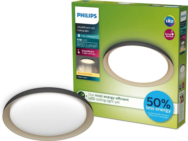 Pebblo plafondlamp - Ultra Efficient - SceneSwitch lichttechnologie - 10W - Warmwit licht - met goud design - Bespaar op energiekosten van Philips in Wit – productfoto