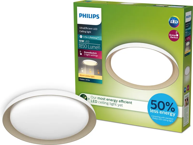 Pebblo plafondlamp - Ultra Efficient - SceneSwitch lichttechnologie - 10W - Warmwit licht - met goud design - Bespaar op energiekosten de Philips en Blanc – photo produit