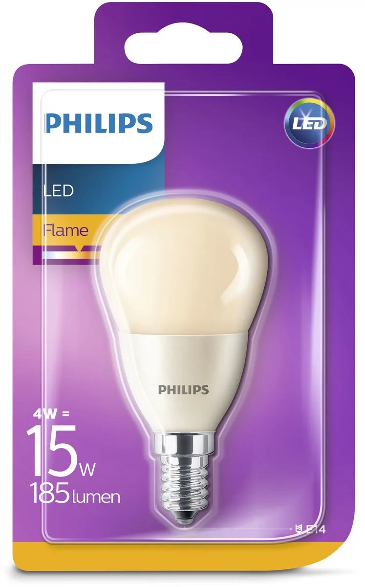 Philips 4W (15W) E14 Flame Non-dimmable Luster energy-saving lamp de Philips – photo produit