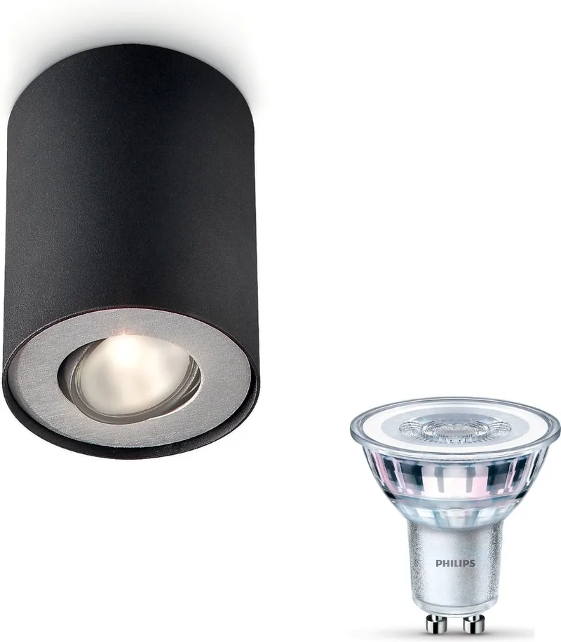 Pillar Opbouwspot - Warmwit Licht - Plafondspot met 1 Lichtpunt - GU10 - SceneSwitch - Eenvoudig Dimbaar met Je Klassieke Schakelaar de Philips en Noir – photo produit