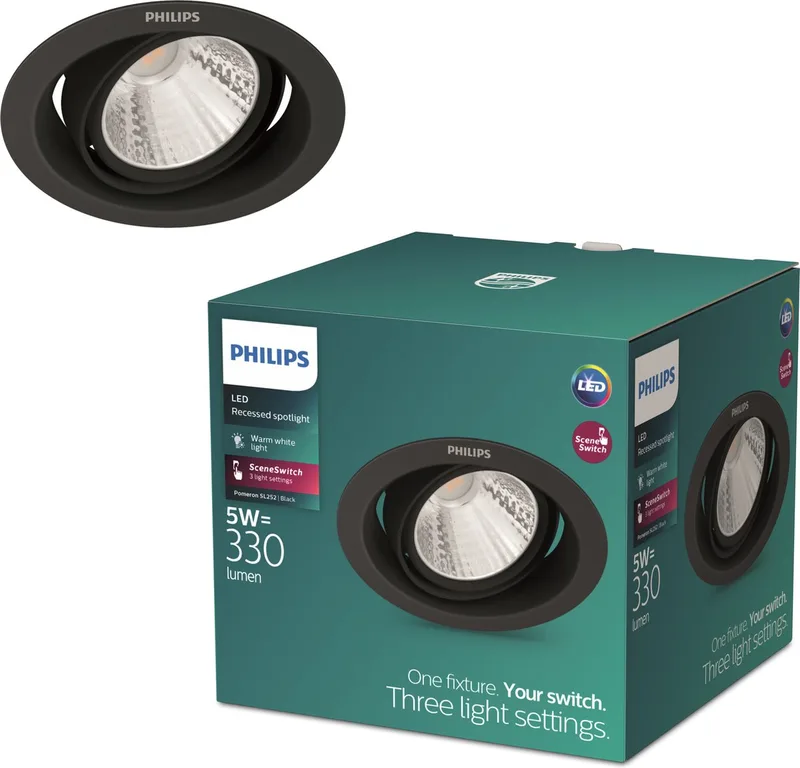 Pomeron Inbouwspot - SceneSwitch - 5W - Warmwit licht van Philips in Zwart – productfoto