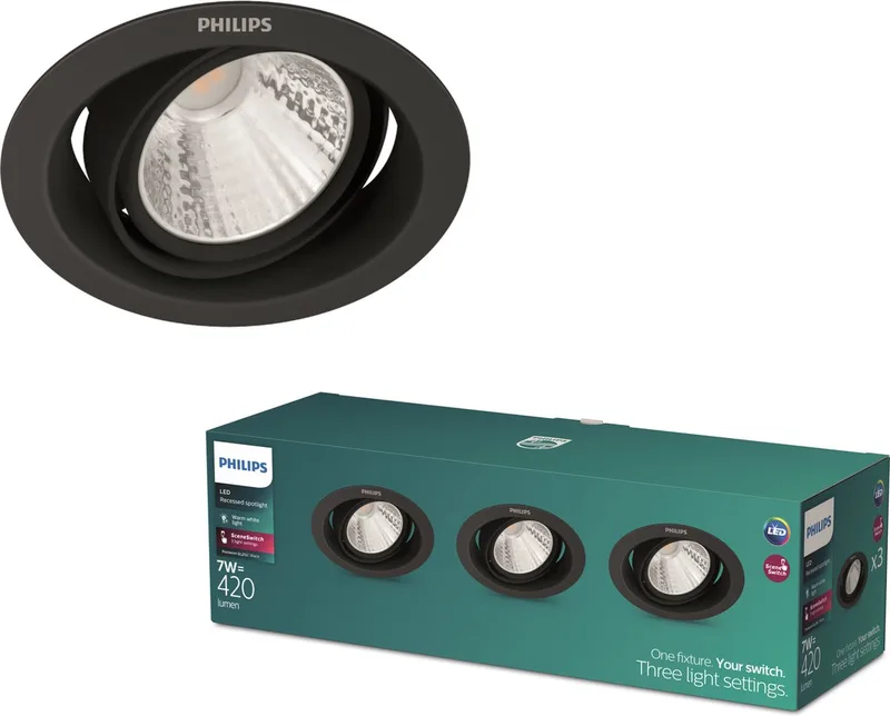 Pomeron Inbouwspot - SceneSwitch - 7W - Warmwit licht - Multi-pack 3 stuks de Philips en Noir – photo produit
