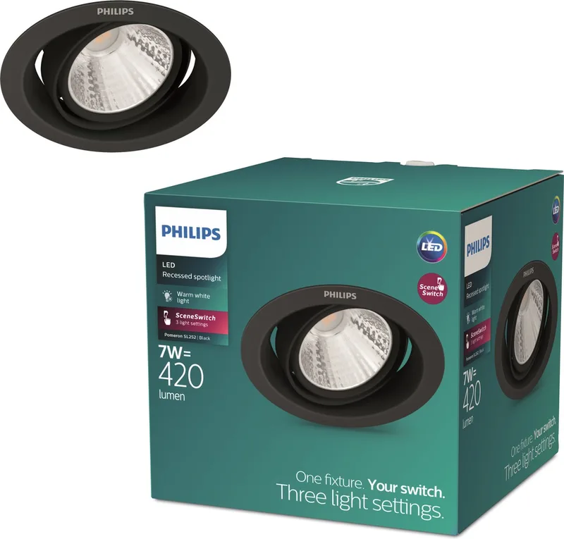 Pomeron Inbouwspot - SceneSwitch - 7W - Warmwit licht fra Philips i Sort – produktbillede
