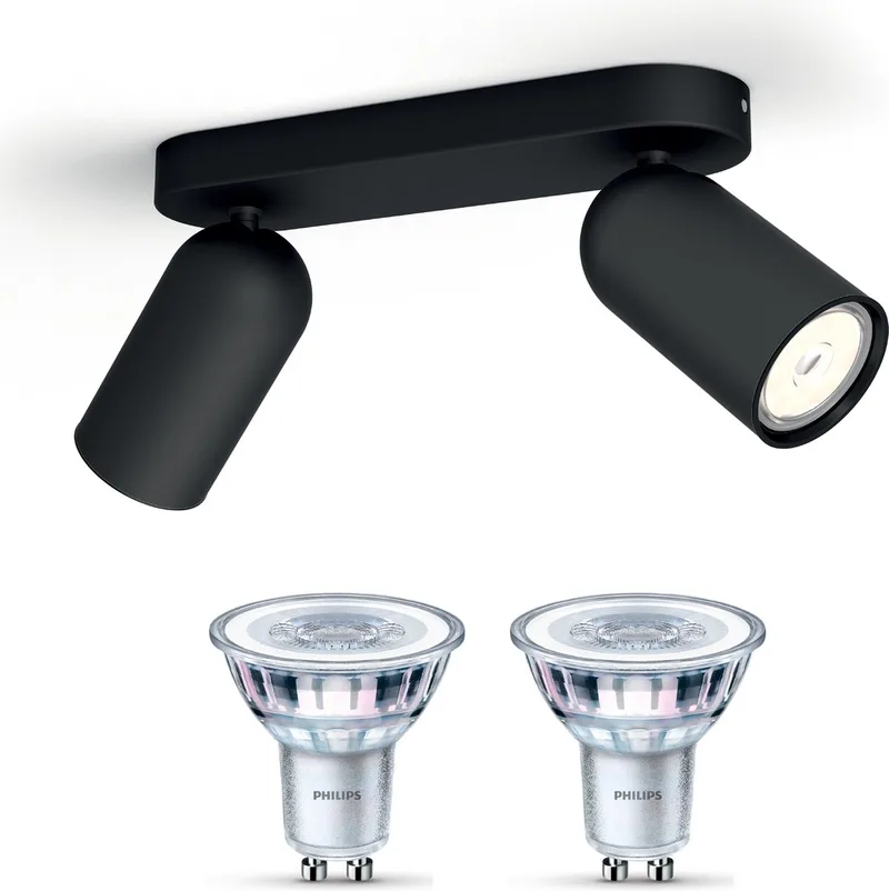 Pongee Opbouwspot - Warmwit Licht - Plafondspot met 2 Lichtpunten - GU10 - Niet Dimbaar von Philips in Schwarz – Produktfoto
