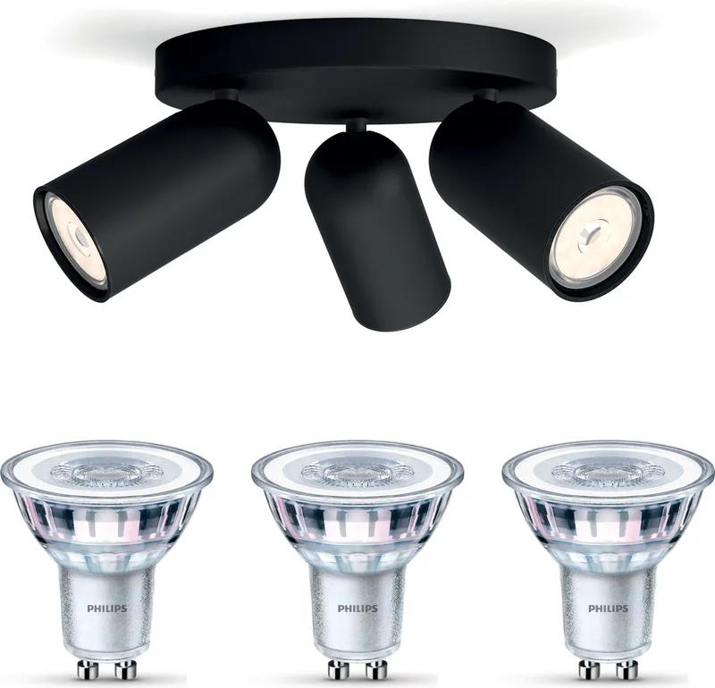 Pongee Opbouwspot - Warmwit Licht - Plafondspot met 3 Lichtpunten - GU10 - Niet Dimbaar van Philips in Zwart – productfoto