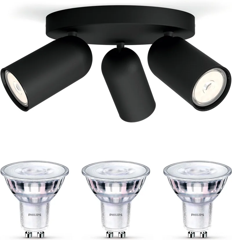 Pongee Opbouwspot - Warmwit Licht - Plafondspot met 3 Lichtpunten - GU10 - SceneSwitch - Eenvoudig Dimbaar met Je Klassieke Schakelaar van Philips in Zwart – productfoto