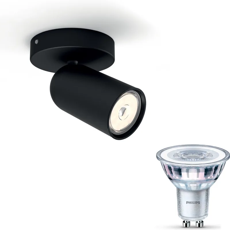 Pongee Opbouwspot - Warmwit Licht - Wandspot of Plafondspot met 1 Lichtpunt - GU10 - Niet Dimbaar van Philips in Zwart – productfoto